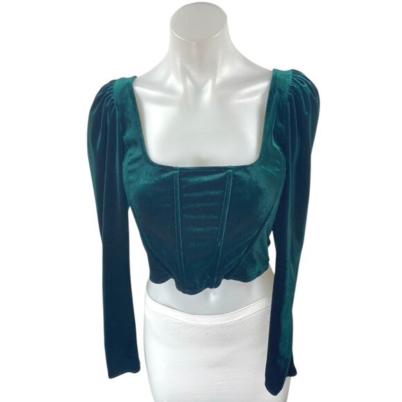 Zara Green Velvet Velour Long Puff Sleeve Square Neck Corset Crop Blouse Top M - Picture 1 of 3
